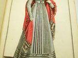 an old book with a drawing of a woman in a dress