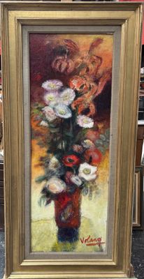 a painting of flowers in a vase on a table