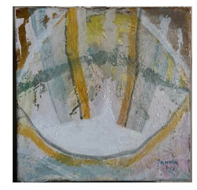 peinture abstraite représentant un bol contenant une fourchette et un couteau