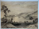 un dessin en noir et blanc représentant un lac et des montagnes