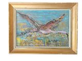 an oil painting of a bird flying over a field of grass