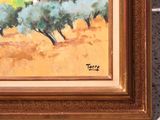 an oil painting of olive trees in a field by a stone wall