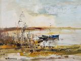 une peinture à l'huile représentant un bateau sur un lac bordé de roseaux