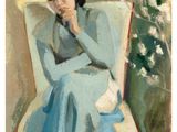 painting of a woman sitting in a chair with her hand on her chin