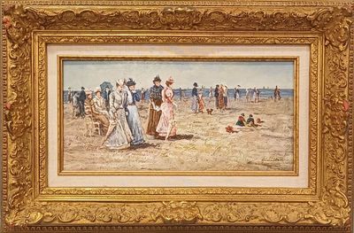 tableau représentant un groupe de personnes sur une plage, avec un chien au premier plan