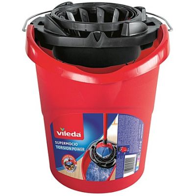 a red bucket filled with cleaning supplies on a white background