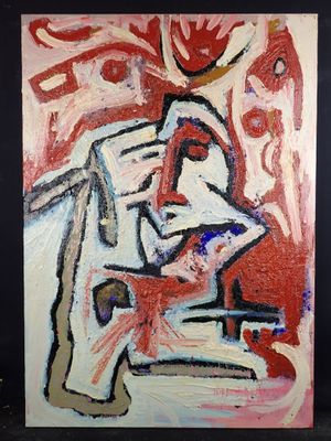 peinture abstraite représentant un homme lisant un livre, assis dans un fauteuil