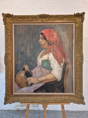 un tableau représentant une femme tenant un pot sur un chevalet