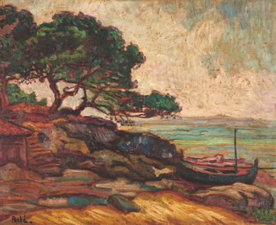 un tableau représentant un bateau sur la rive, au bord de l'eau