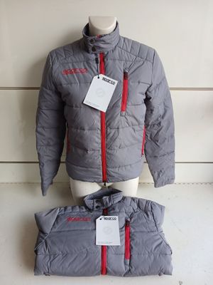 grey jacket with red zippers and tags on a mannequin dummy