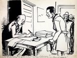 cartoon drawing of a man writing on a piece of paper while another man looks on