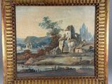 an old painting of a farm scene in a gold frame