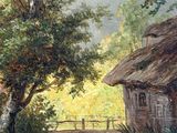 a painting of a man standing in front of a house