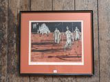 tableau représentant un groupe d'hommes à cheval sur un plancher en bois