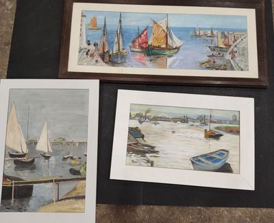 three framed pictures of boats on the water
