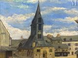un tableau représentant un bâtiment surmonté d'une tour horloge