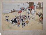 a picture of a painting of a man on a horse with a bunch of dogs
