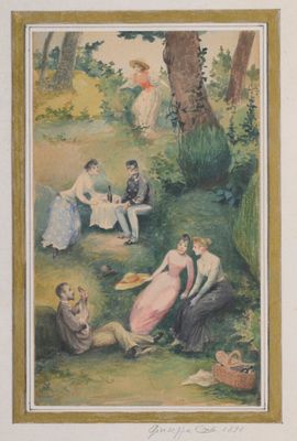 painting of a group of people sitting on the grass in a wooded area