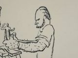 drawing of a man and a woman sitting at a table with a baby in a crib