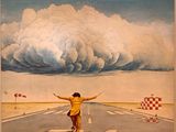 tableau représentant un homme debout sur une route, les bras tendus vers le ciel