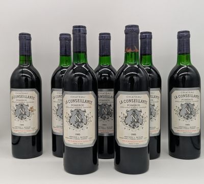 six bouteilles de vin sont alignées sur une surface blanche