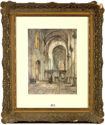 Aquarelle sur papier "Intérieur d'église".