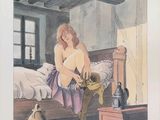 un tableau représentant une femme assise sur un lit, ses chaussures posées par terre