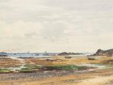 un tableau représentant une plage avec des bateaux dans l'eau