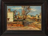 an oil painting of a dirt road with a tree in the foreground