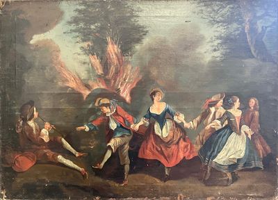 an old painting of a group of people dancing around a fire