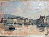 tableau représentant un tableau de bateaux dans un port, avec des bâtiments en arrière-plan