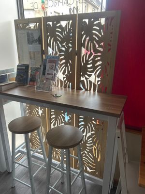 two stools that are sitting in front of a table