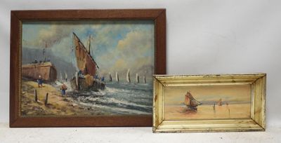 two framed paintings of boats on the beach and a boat in the water