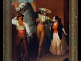 painting of a man and a woman standing next to a horse