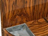 a wooden toilet with a wooden seat and a metal bowl