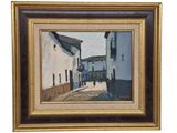 peinture à l'huile d'une scène de rue avec des bâtiments en arrière-plan