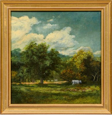 une peinture à l'huile représentant une vache dans un champ bordé d'arbres