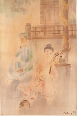 LE TUNG. "Scène galante". Aquarelle sur soie, signée en bas …