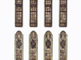 six stained glass windows in different shapes and sizes