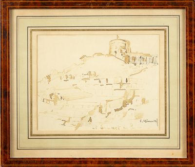 an image of a drawing of a village with a church in the background