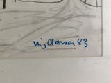 drawing of a road with a tree in the middle of it and a person on a bike in the distance