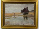 a painting of a man walking on the beach with a boat in the background