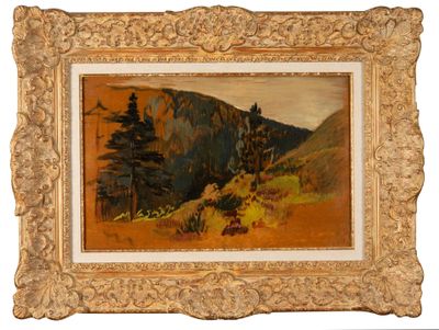 une image représentant un tableau représentant un paysage de montagne avec des vaches au premier plan
