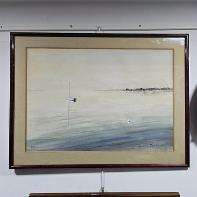 a painting of a boat in the water hanging on a wall