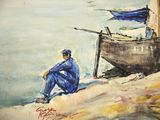 a painting of a man sitting on a beach next to a boat