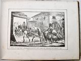 an old book with a picture of a man being pulled by a horse