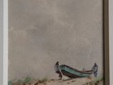 une image représentant un tableau où l'on voit un oiseau perché au bord d'une plage de sable