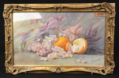painting of a still life of oranges and grapes on a table