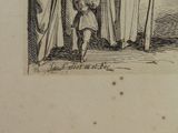 an old drawing of a man and a woman standing in front of a door