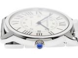 the watch is white and has a blue stone on the face